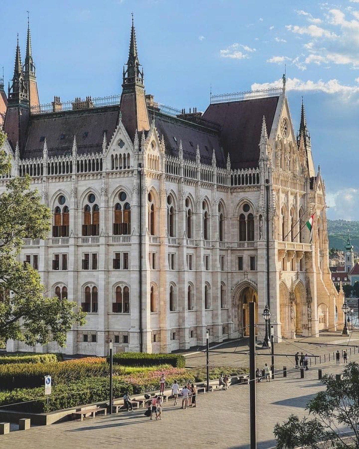 Neo-Gothic details of the Hungarian Parliament beside Kossuth Square.