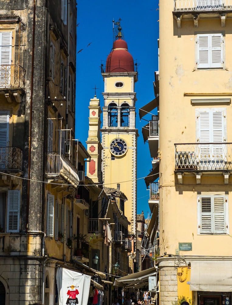 The lanes of Corfu Old Town near Saint Spyridon’s bell tower.