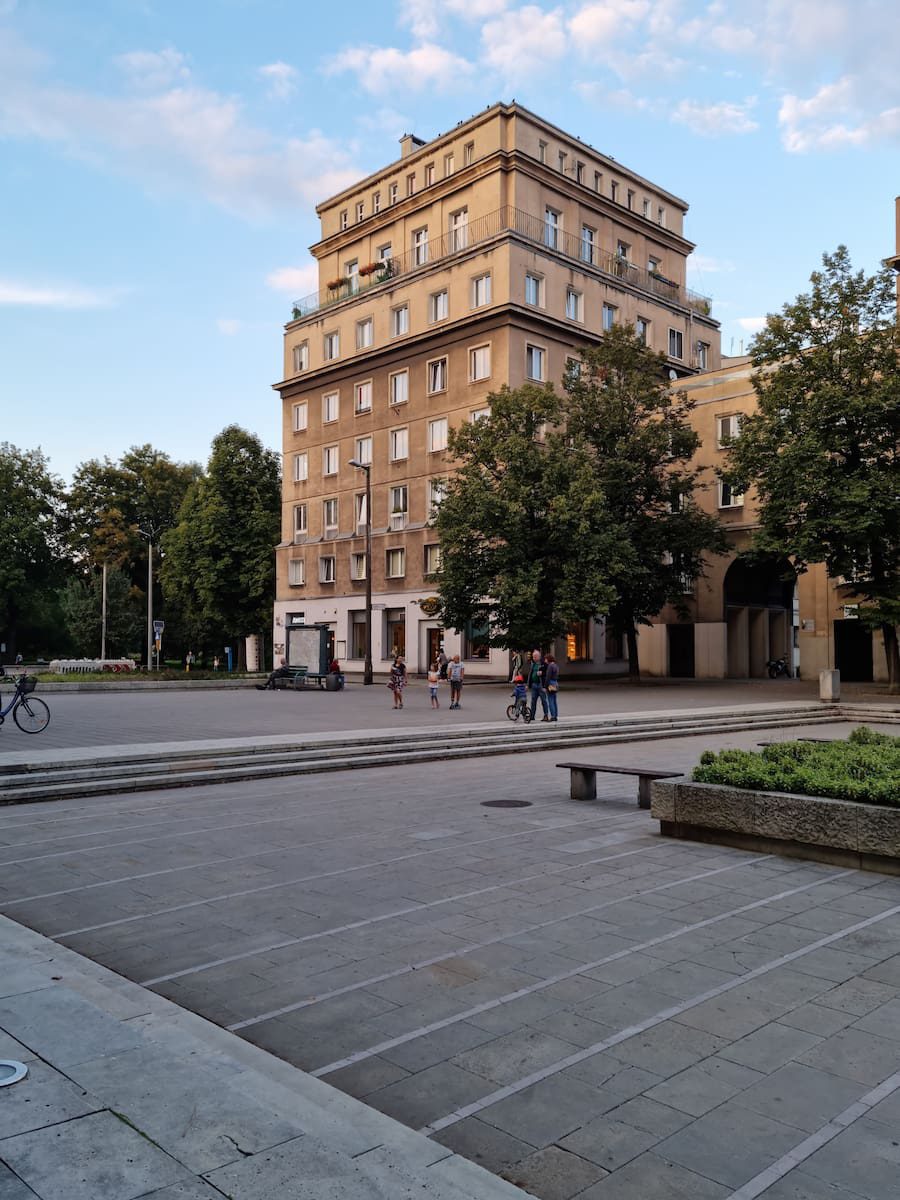 Buildings and pedestrian space beside Plac Centralny in Nowa Huta.