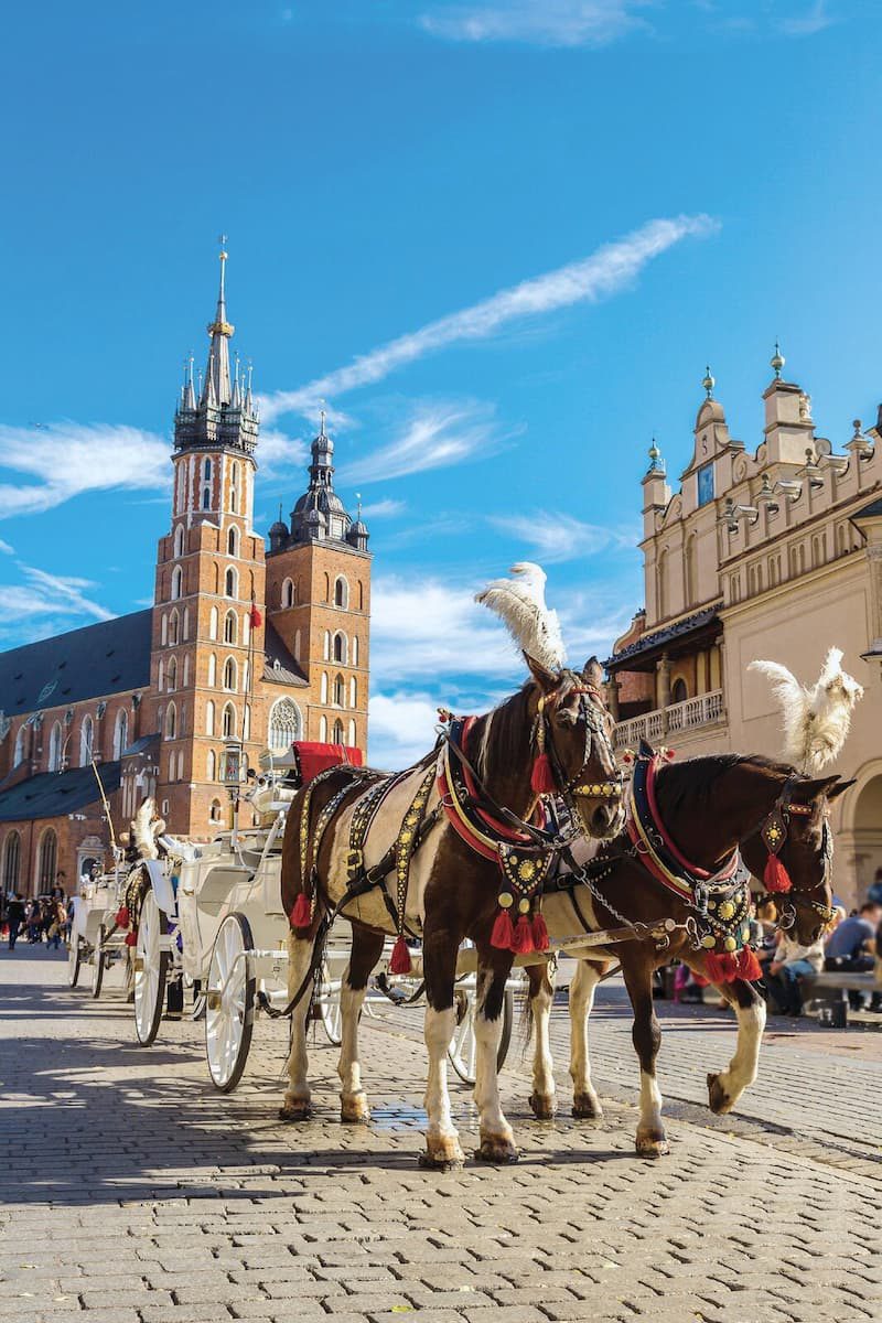 A horse-drawn carriage in front of St Mary’s Basilica and the Cloth Hall on Rynek Główny.