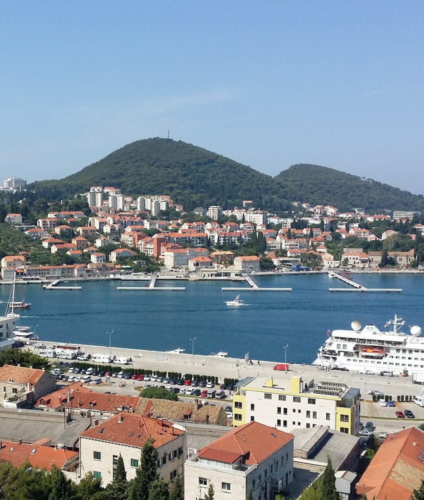 Ferries and the marina in Gruž harbour, seen from above.