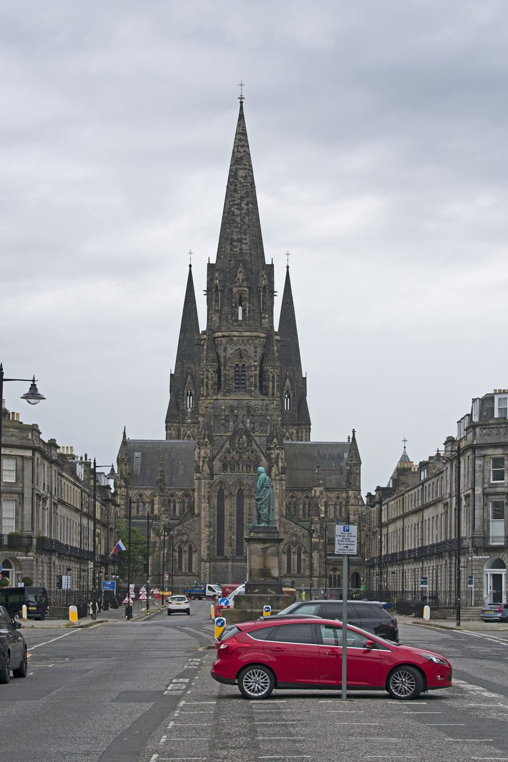 Melville Street in Edinburgh’s West End, ending at the three spires of St Mary’s Cathedral.
