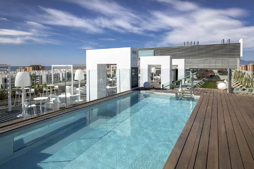 The B-Heaven rooftop pool and deck at Barceló Málaga.