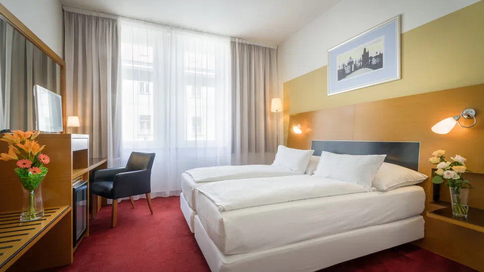 Standard double or twin room at Theatrino Hotel with red carpeting and a tall window.