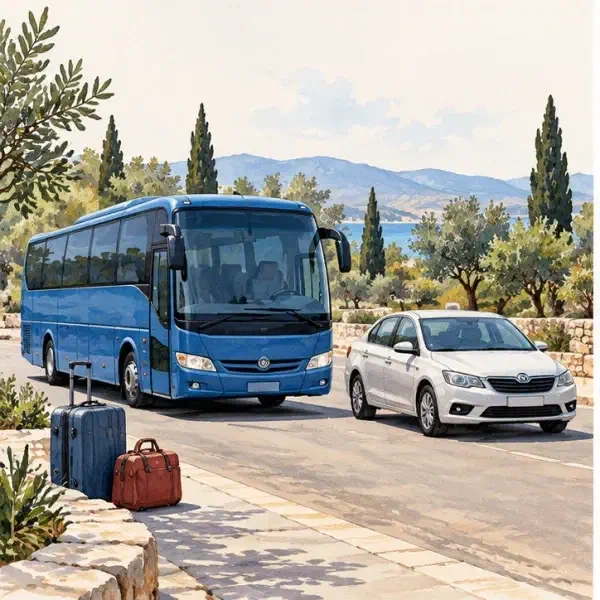 Illustrated bus and taxi for the first land transfer.