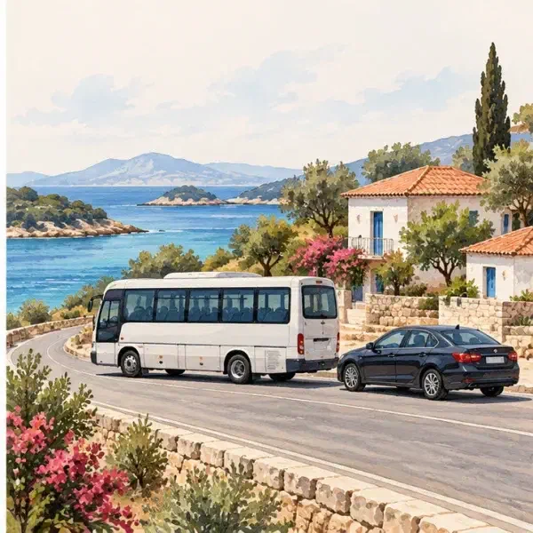 Illustrated local bus and taxi for the onward journey.