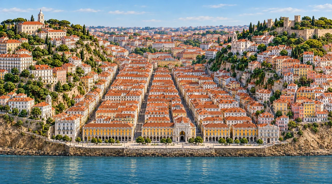 Conceptual terrain illustration of central Lisbon, with lower Baixa between the western and eastern hills.