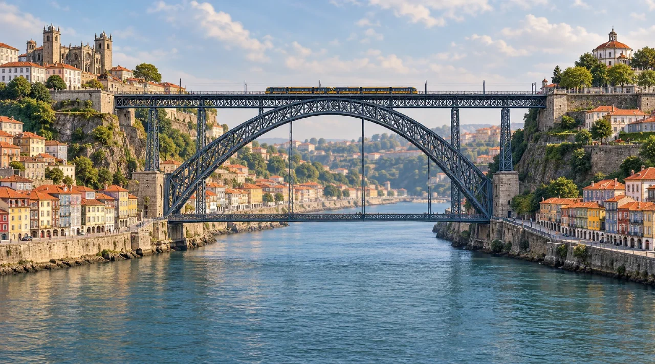 Conceptual architectural illustration of Porto and Gaia, with upper and lower bridge decks connecting different city levels.