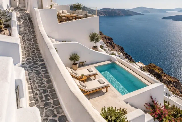 Fictional terrace with a plunge pool beside a public path and below a neighbouring balcony.