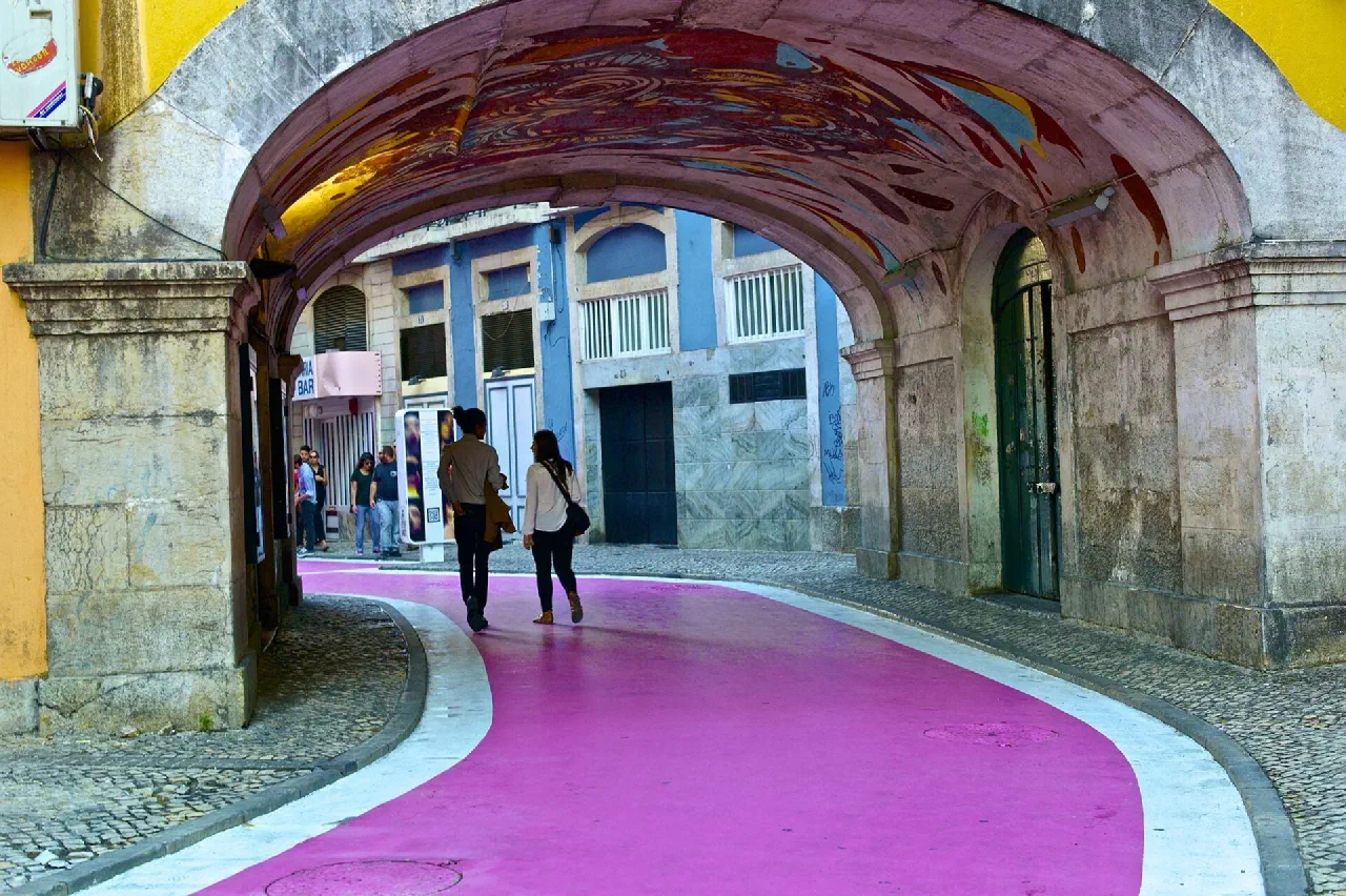Pink Street in Cais do Sodré during the day.