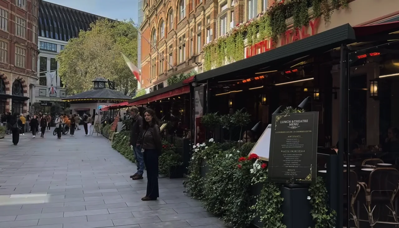 Pedestrians beside Little Italy's outdoor terrace on Irving Street near Leicester Square