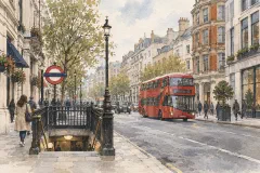 Editorial illustration of a London bus and Underground entrance