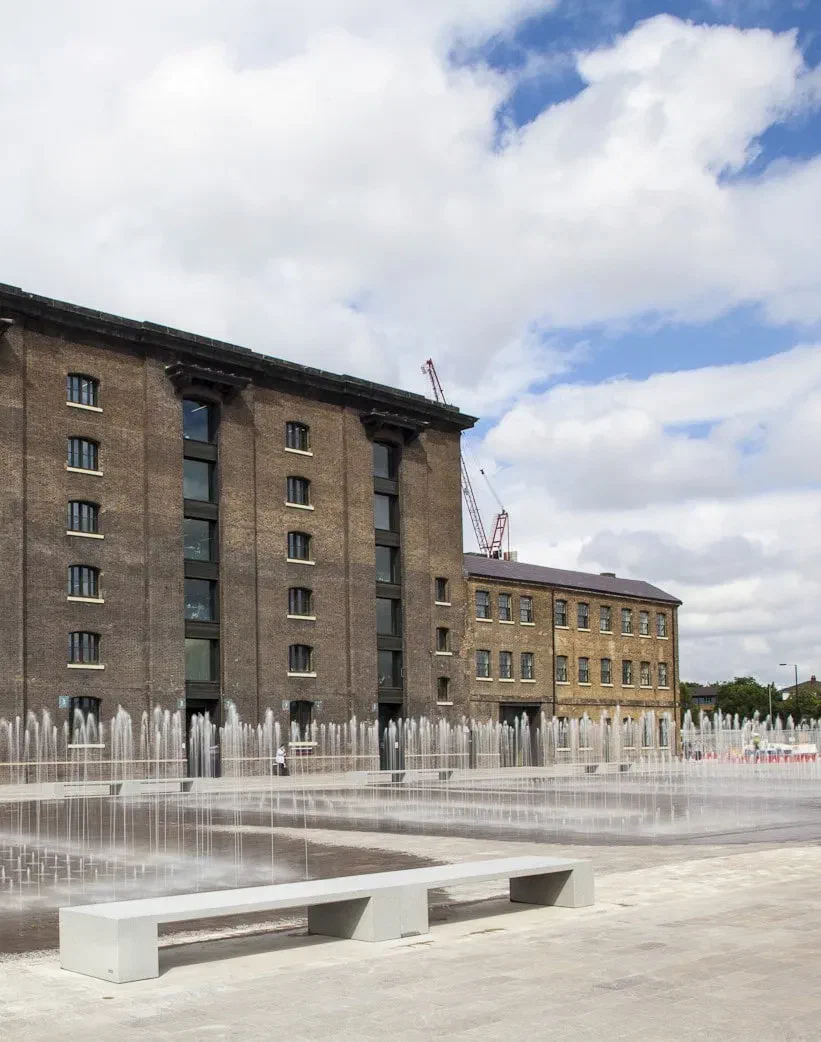 Granary Square fountains before the Granary Building in regenerated King's Cross