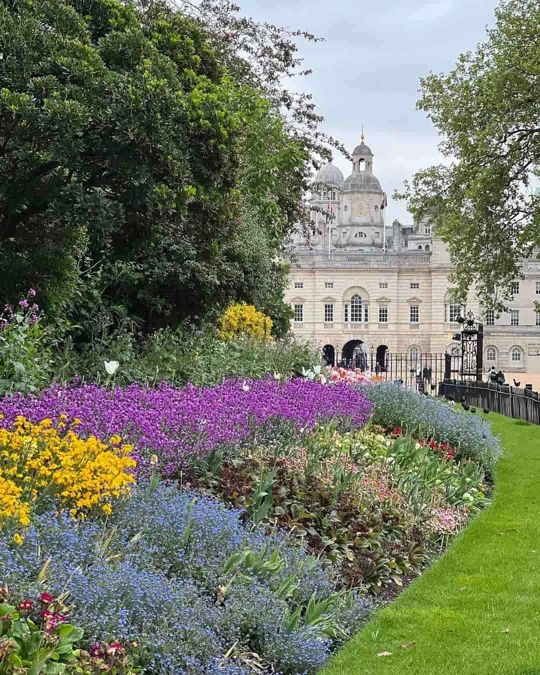 Flowerbeds in St James's Park with Horse Guards Parade behind, Westminster