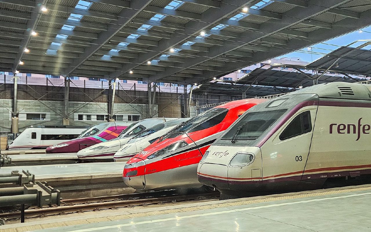 Trains lined up under the roof at Málaga María Zambrano station.