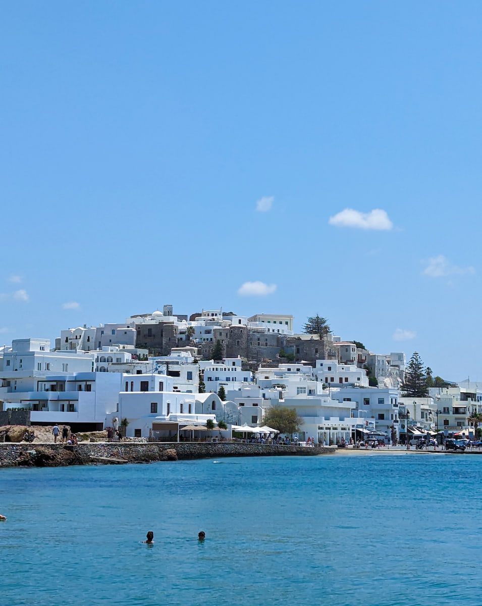 Agios Georgios Bay with Chora and the Kastro behind, steps from the town beach