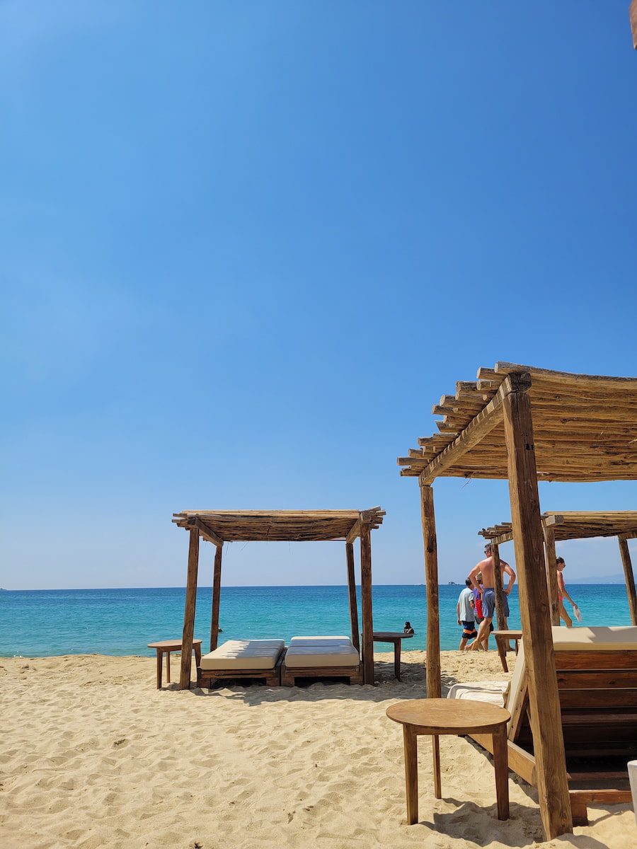 Wooden cabanas on the broad sand of Agios Prokopios, Naxos's organised beach