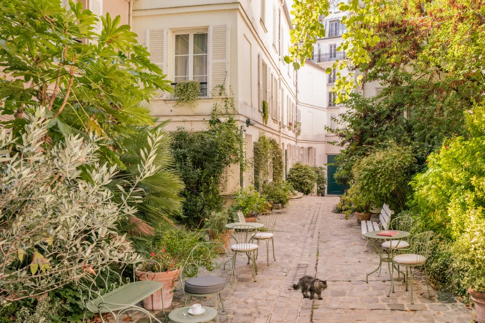 Garden courtyard at Hôtel des Grandes Écoles, with green chairs and a cat on the path.