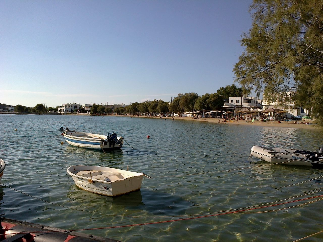 Moored boats and the village beach at Aliki