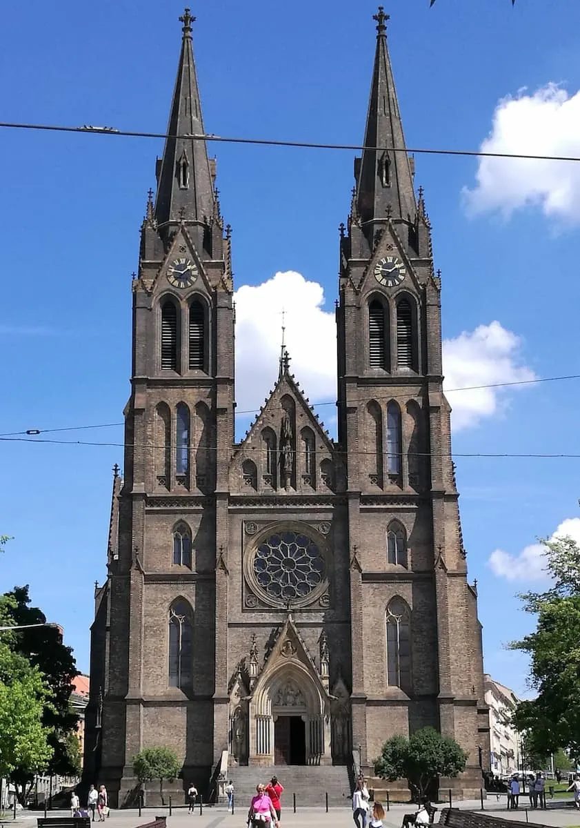 The twin towers of St Ludmila’s church at Náměstí Míru in Vinohrady.