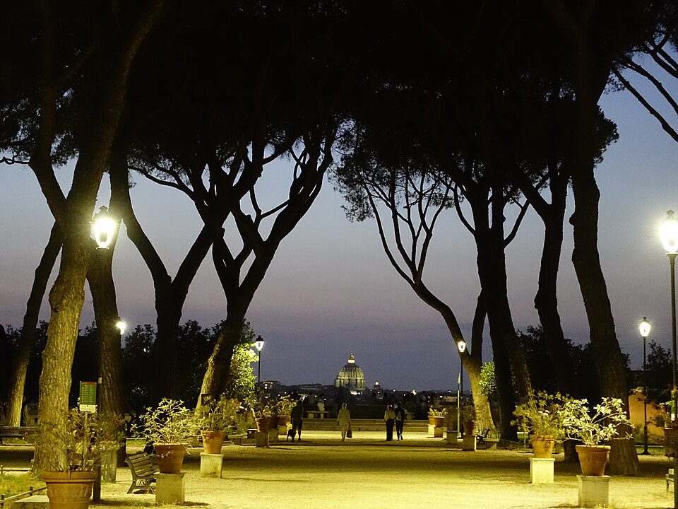 Umbrella pines and the terrace of the Orange Garden on the Aventine.