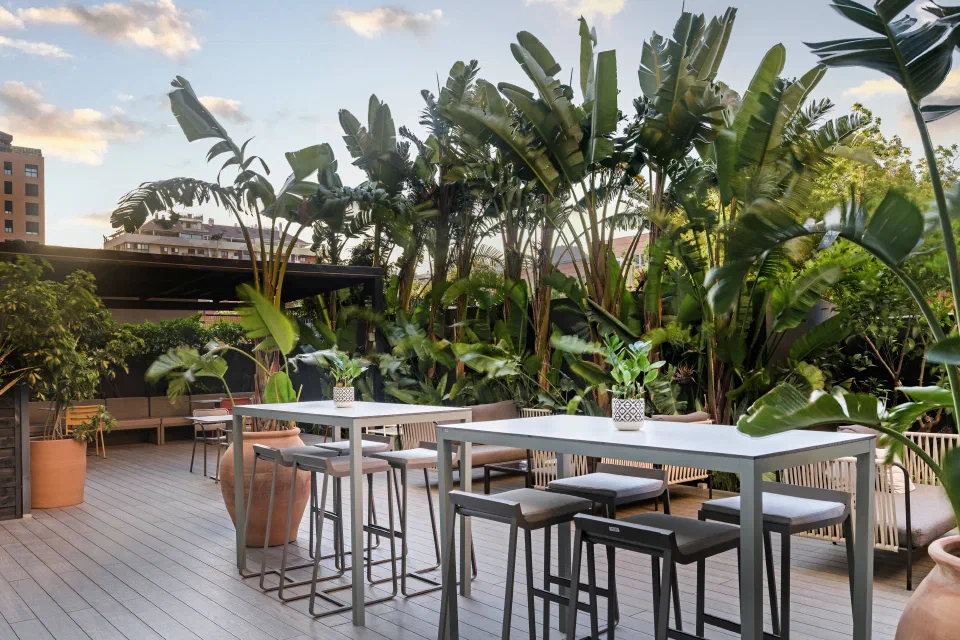 The AC Lounge outdoor terrace with dining tables and tropical plants.