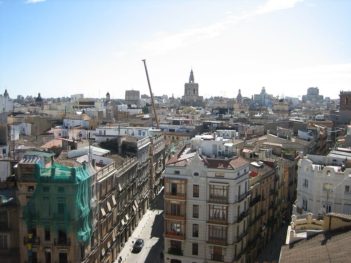 Barrio del Carmen rooftops from Torres de Serranos, with Micalet bell tower behind
