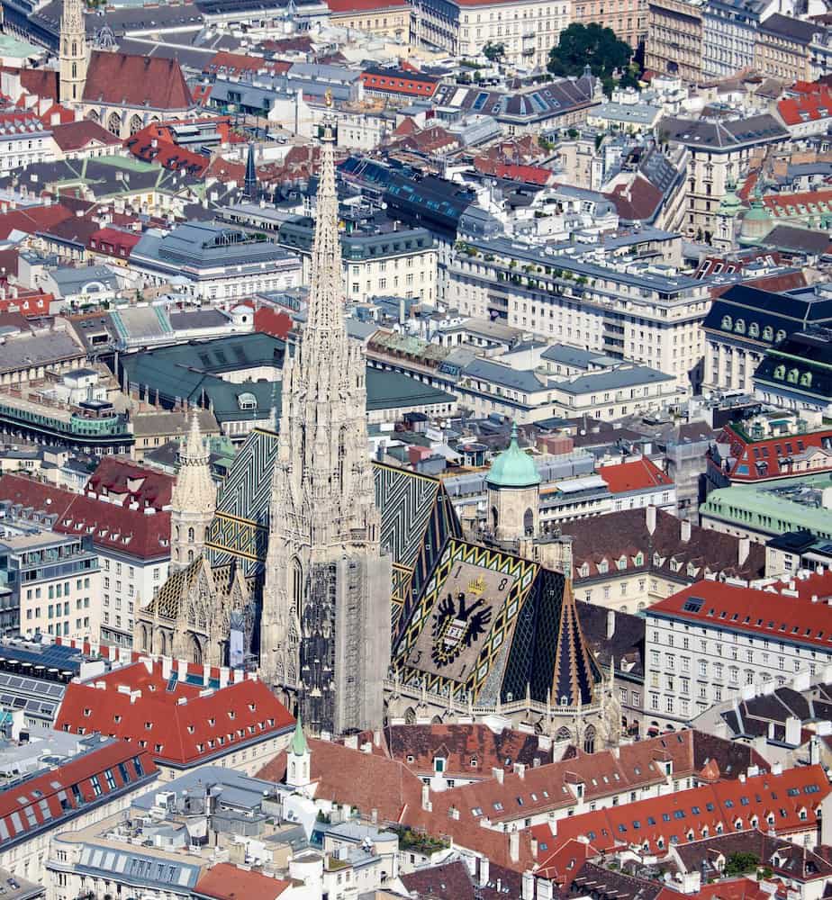 St Stephen's Cathedral from above, with glazed-tile roof and double-headed eagle in Innere Stadt
