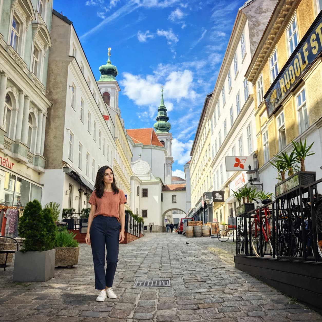 Cobbled Neubau lane with the towers of St Ulrich church behind